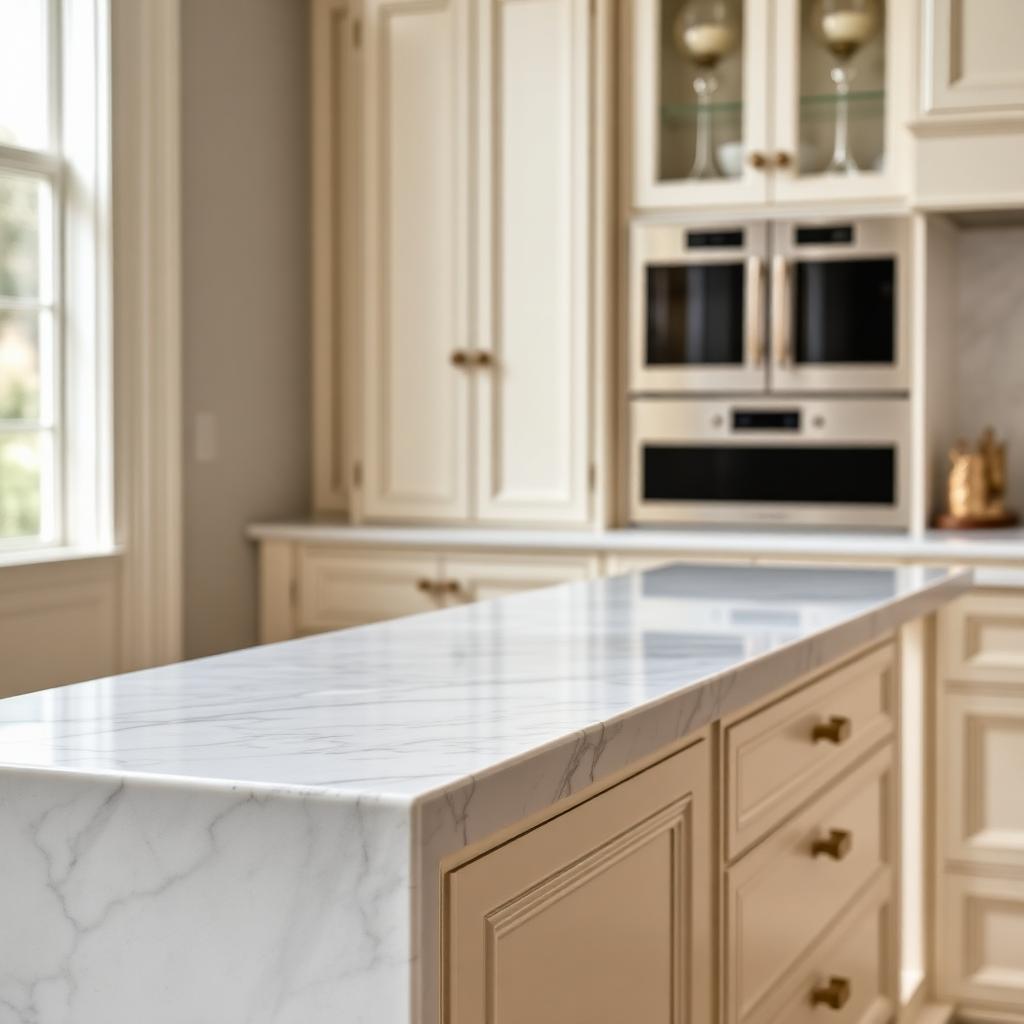 Detail of walnut cabinetry with aged brass hardware and marble countertop